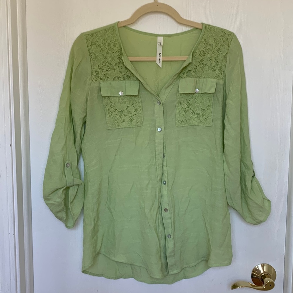 Coastal Grandmother Light Green Button-Down Shirt | Breathable & Elegant